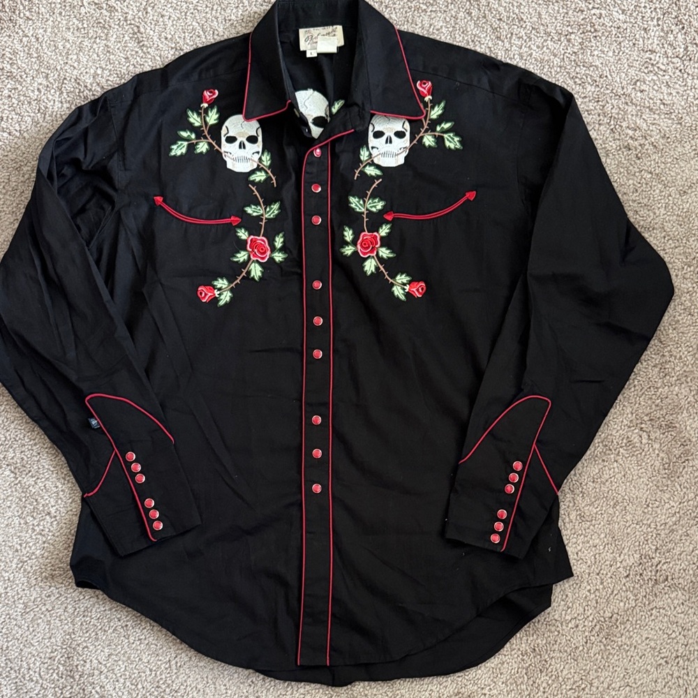 Men's Black Embroidered Skull and Rose Shirt